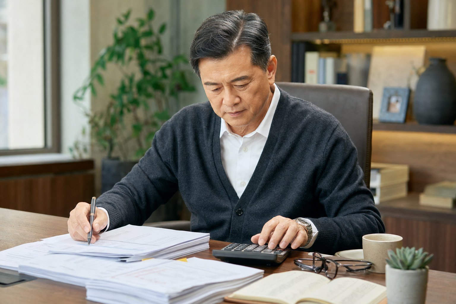 一位穿著得體的台灣企業主在家中書房查看財務文件與計算機，神情若有所思