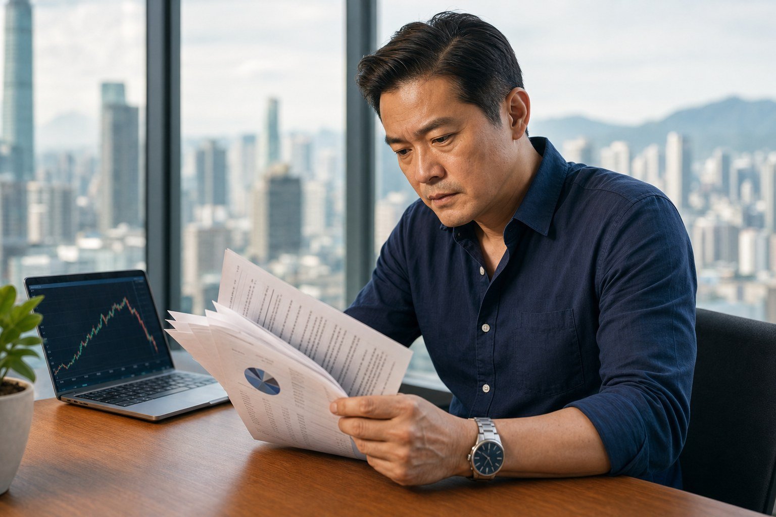 一位台灣企業主在辦公室查看投資對帳單，桌上筆電螢幕顯示先漲後急跌的股價走勢圖，神情若有所思