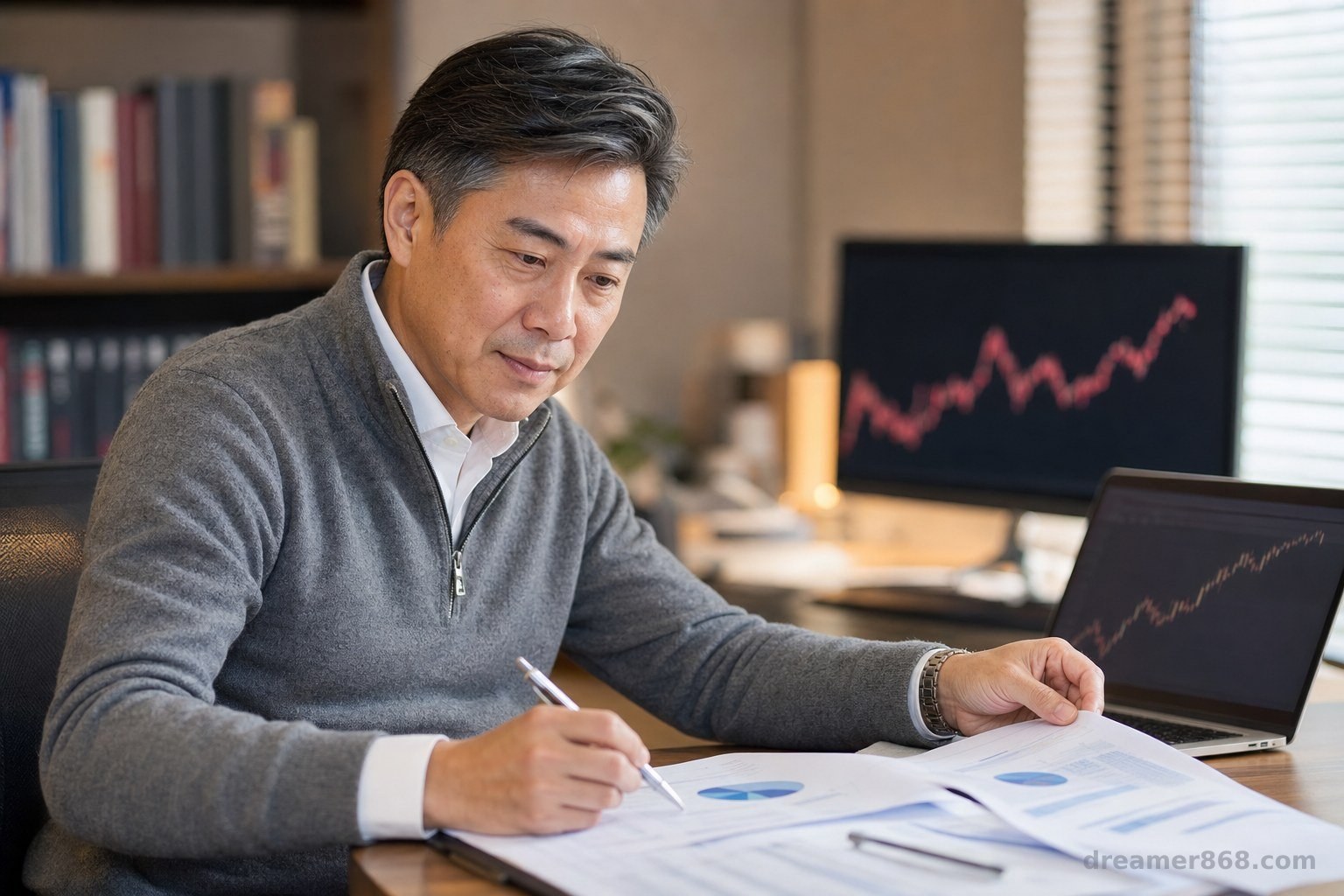 企業主在家庭辦公室檢視退休帳戶與債券基金報表，畫面呈現審慎評估而非慌張的氛圍