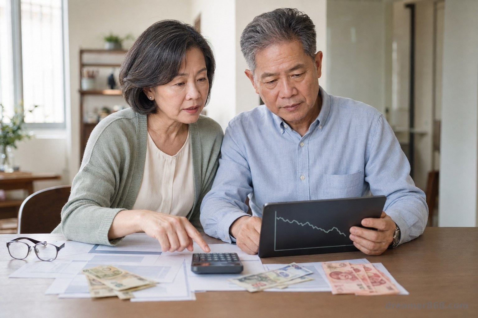 臺灣退休夫妻在家中餐桌檢視外幣債券對帳單、澳幣與人民幣鈔票及匯率走勢。