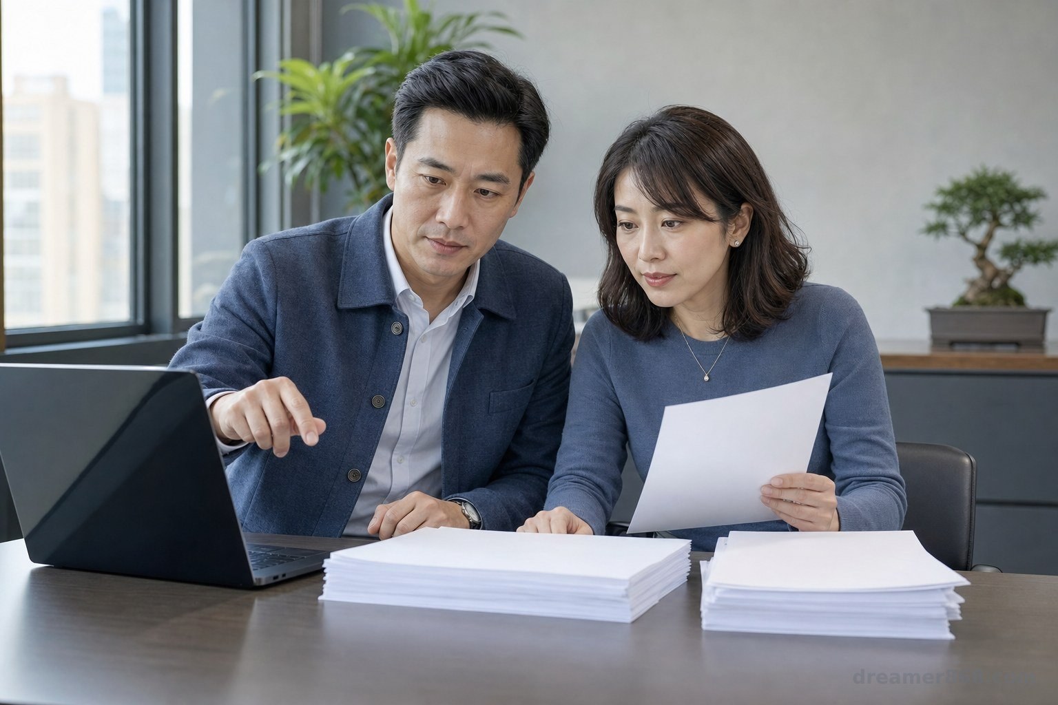 公司營運與家庭投資若同時集中於中國市場,表面分開的兩本帳仍可能一起承受衝擊。 一對臺灣企業主夫妻在辦公桌前共同檢視公司與家庭投資組合,桌上放有債券文件與人民幣風險清單。