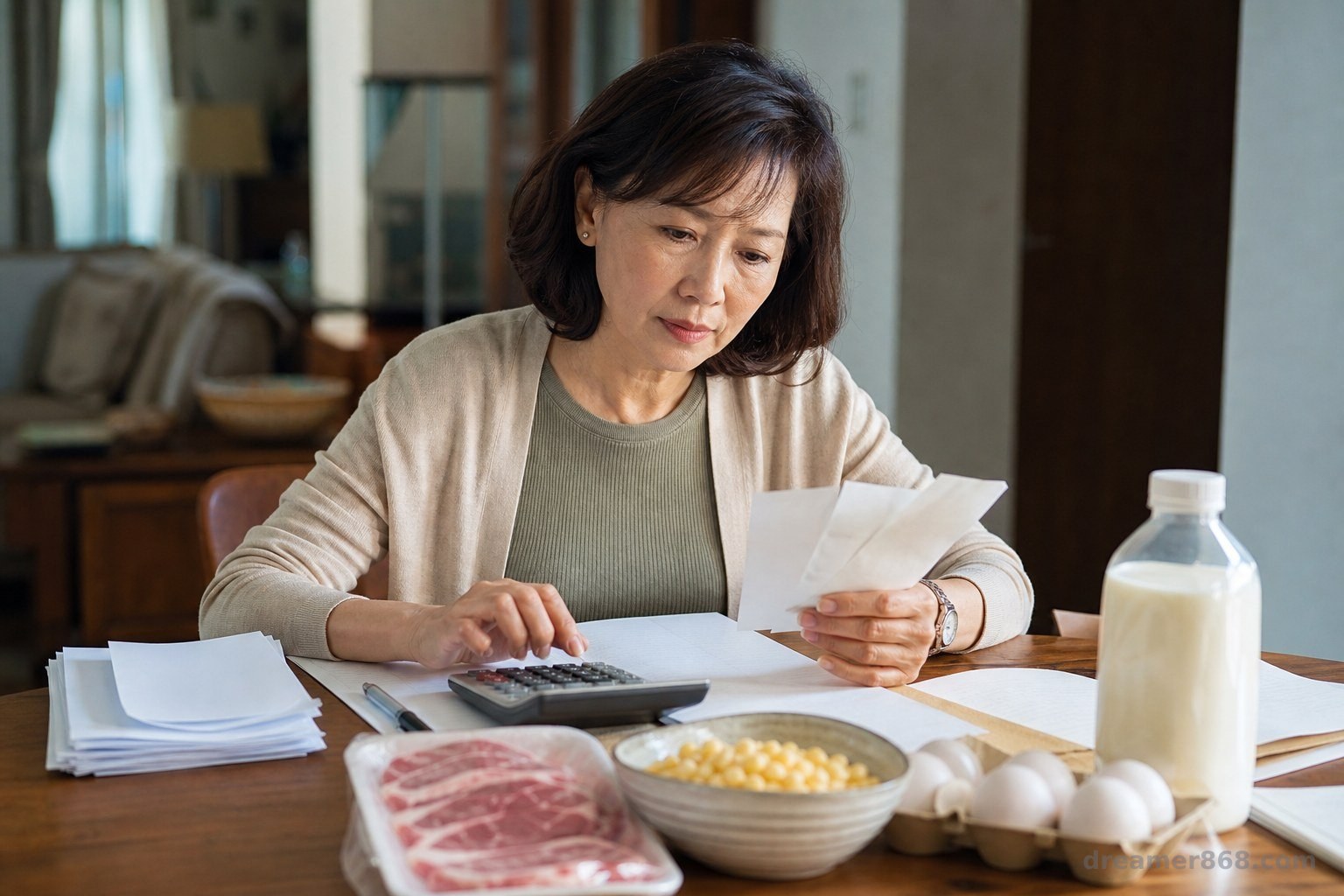 一位臺灣家庭決策者在餐桌前核對食品帳單、計算機與退休現金流筆記，桌上放有蛋、牛奶、肉品和玉米粒。