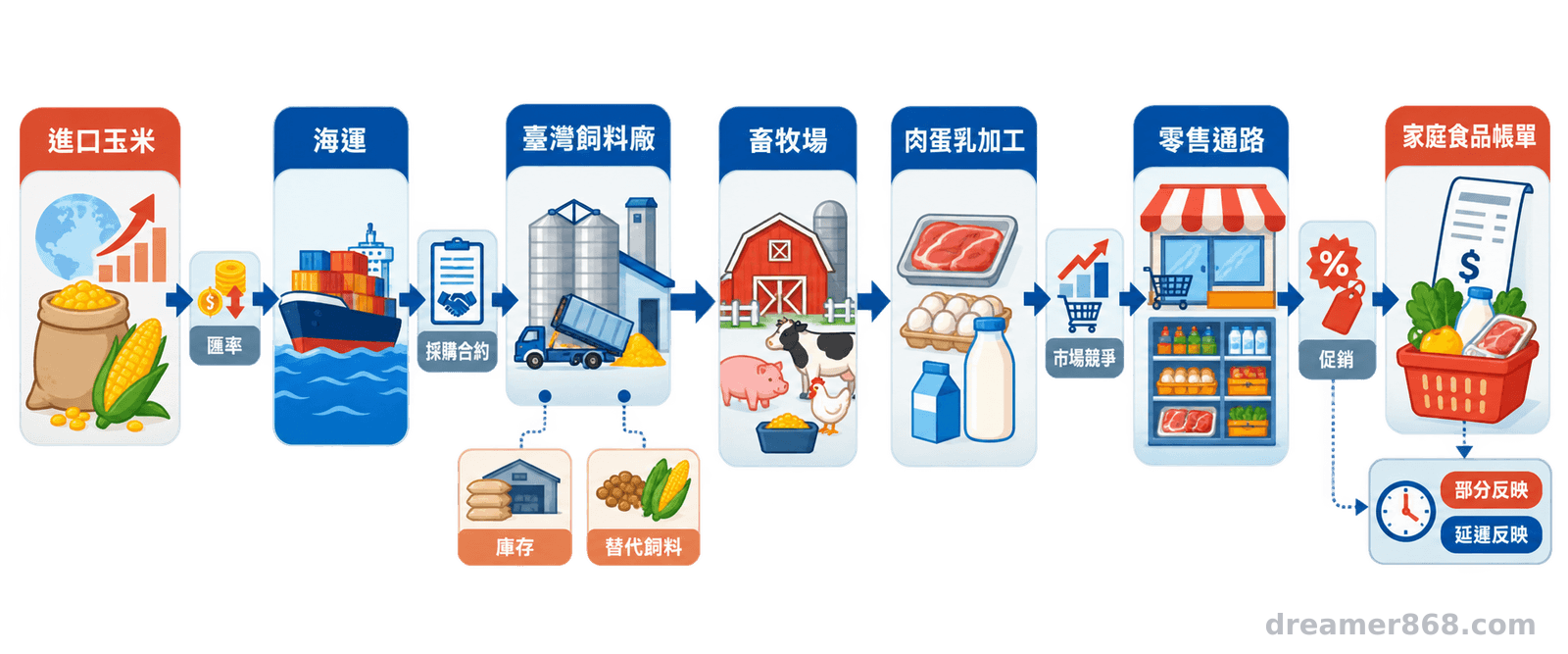 流程圖以箭頭串連進口玉米、海運、臺灣飼料廠、畜牧場、食品加工、零售通路與家庭食品帳單，沿途標示匯率、合約和庫存等緩衝因素。