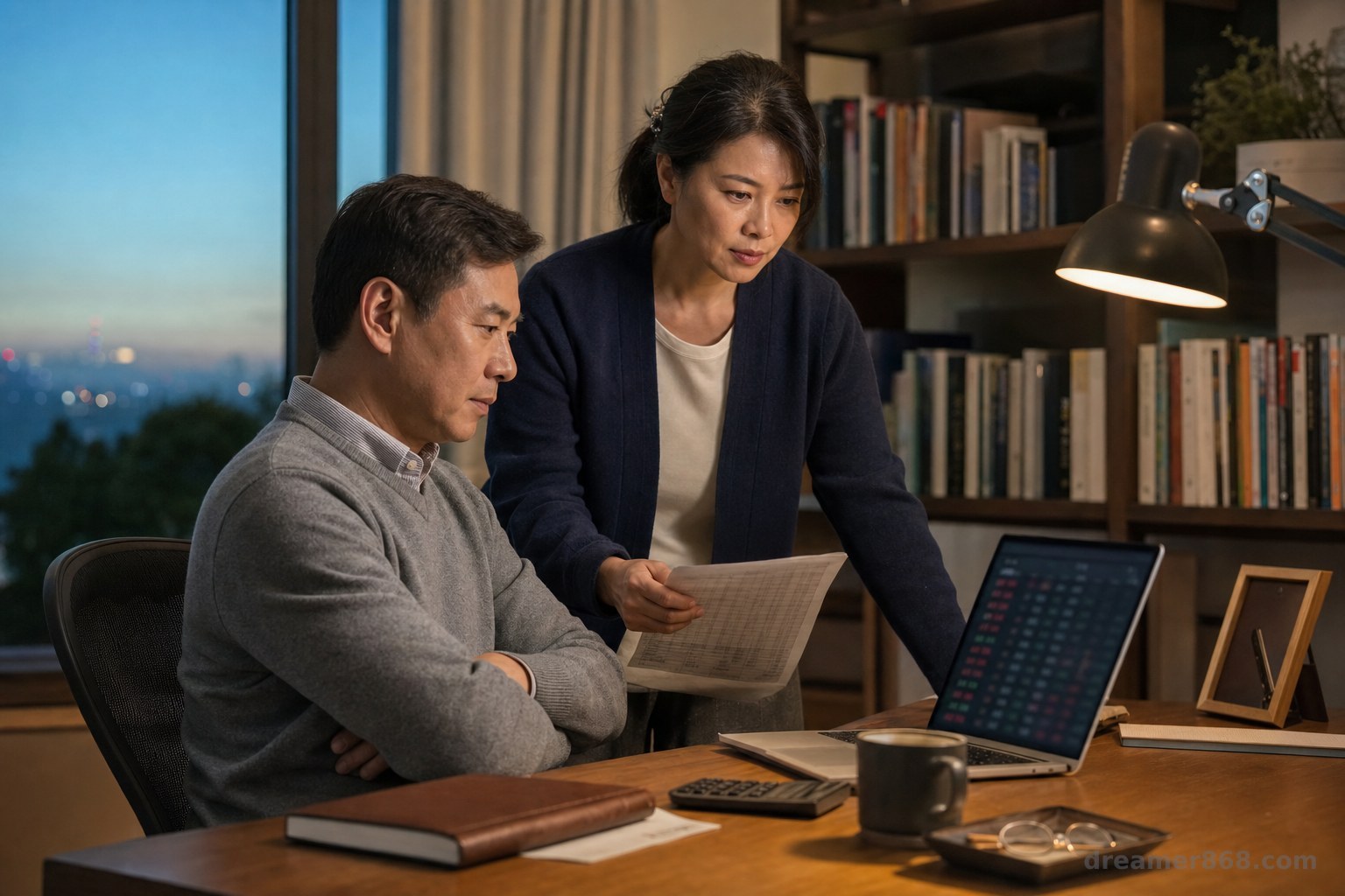臺灣中年夫妻在家中書桌前對照筆電上的交易部位與退休規劃文件