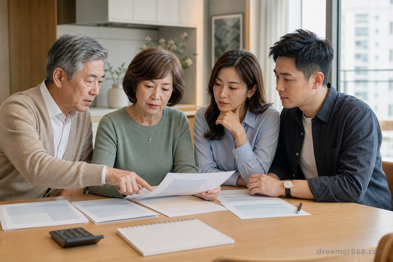 台灣祖父母與成年子女在餐桌前檢視教育基金試算表、退休現金流文件與學費帳單。