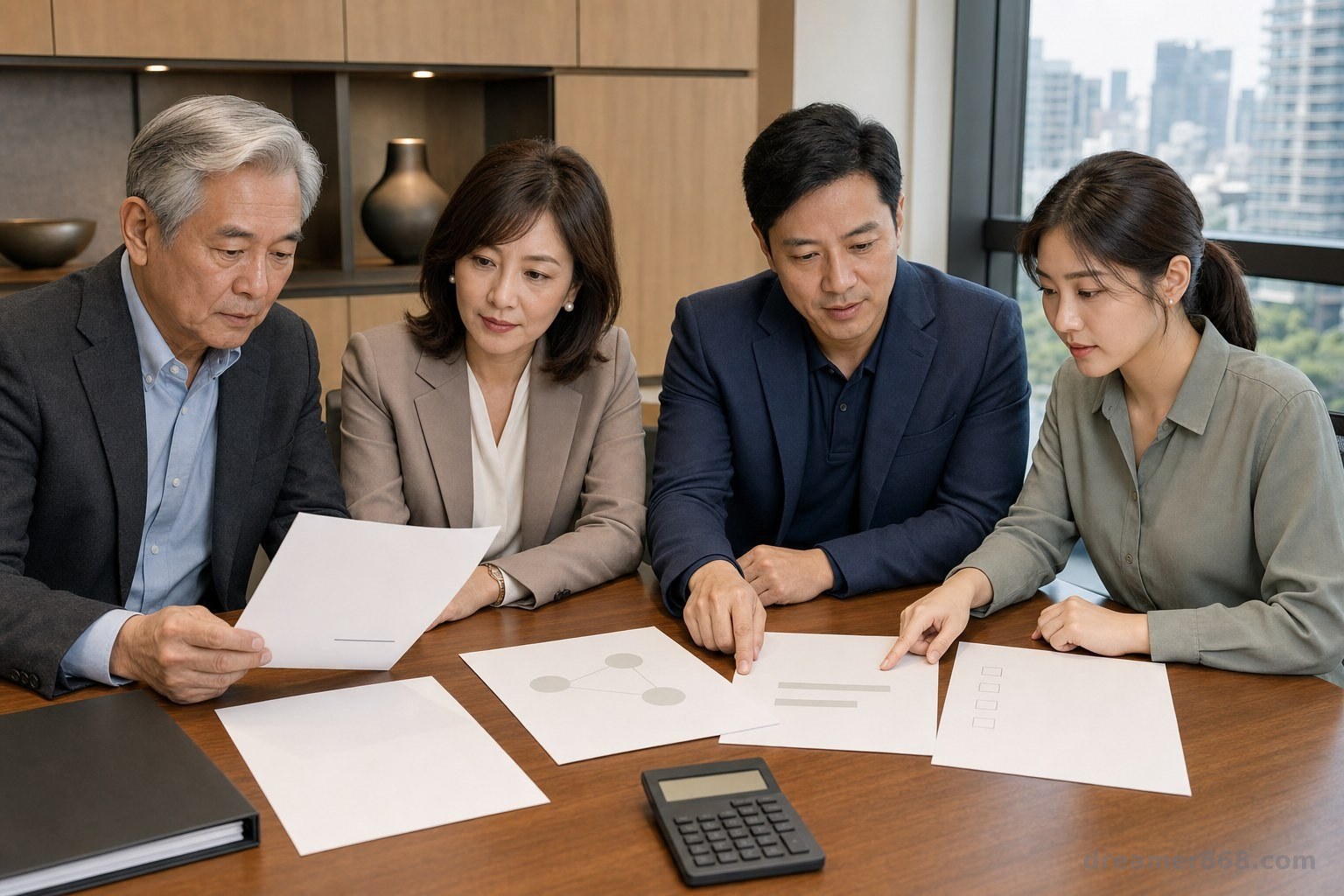 亞洲家族企業成員在會議桌前檢視信託文件、資產清冊與尚未簽署的傳承文件。