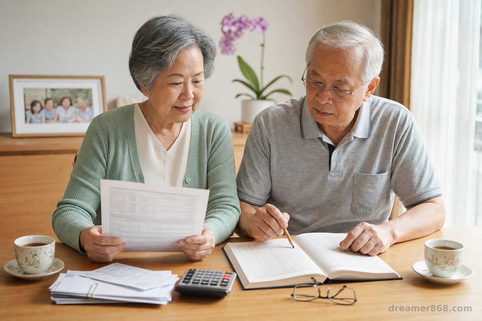 退休夫妻在餐桌前核對生活支出帳本、債券對帳單與三年現金流表