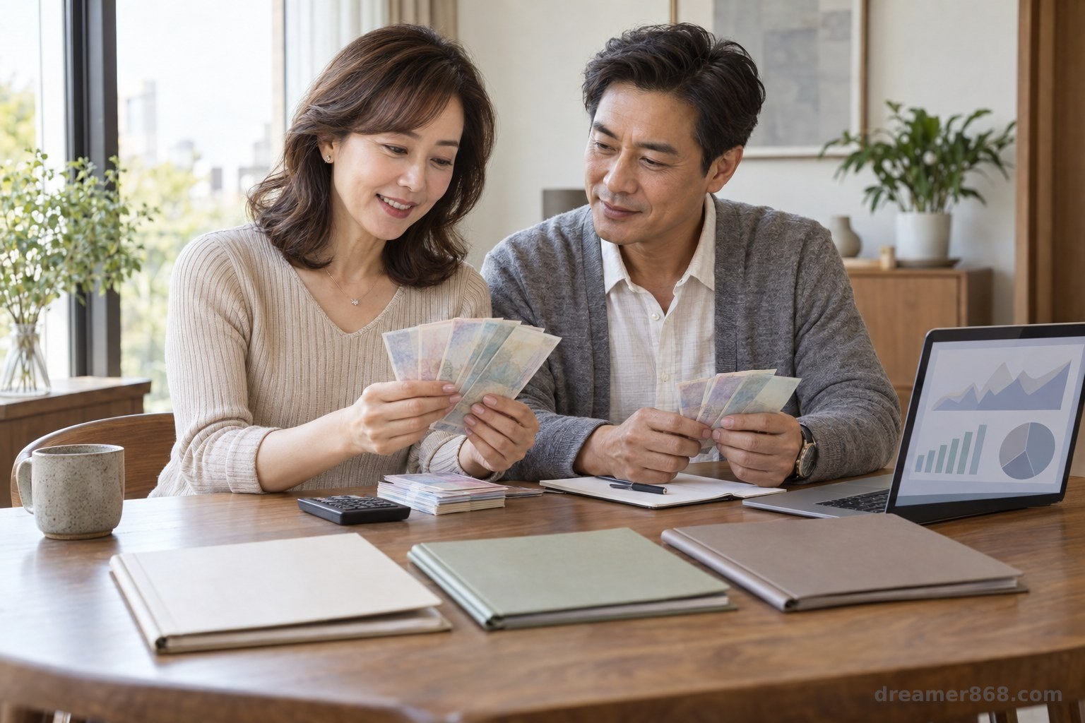 臺灣夫妻在餐桌前檢視新臺幣、美元現金與三類家庭資金配置資料