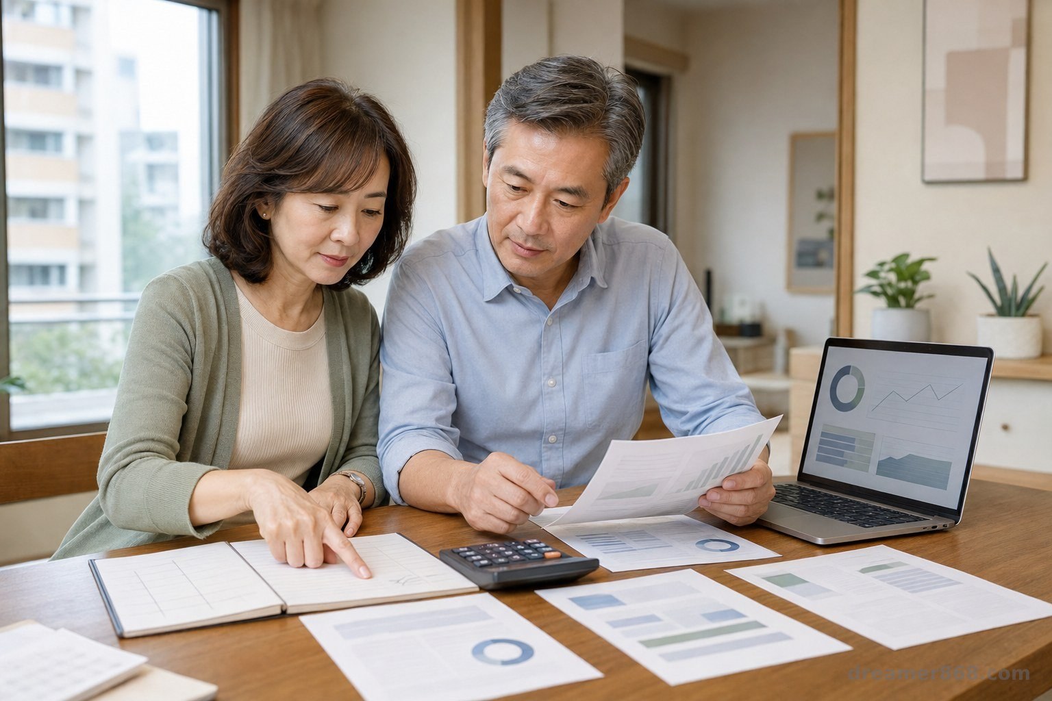一對準退休臺灣夫妻在餐桌前查看海外投資資料、生活費清單與筆電上的私募基金資訊。