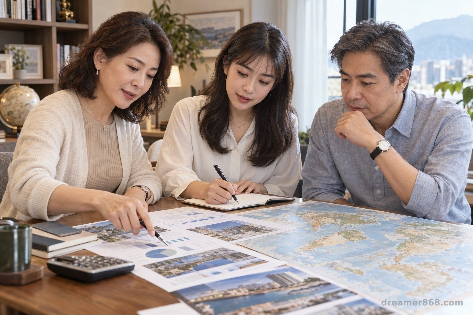 臺灣家庭在書房桌前檢視海外房產文件、投資資料與世界地圖