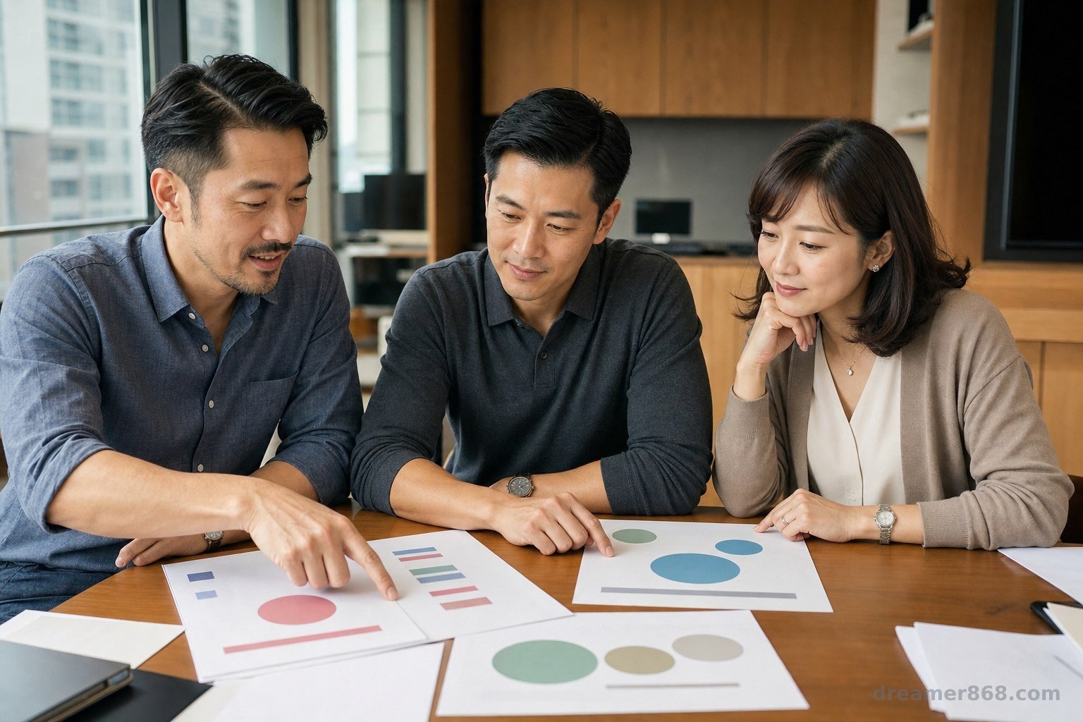 臺灣企業主與一對中年夫妻在辦公桌前檢視人民幣存款、中國債券及多幣別曝險資料。