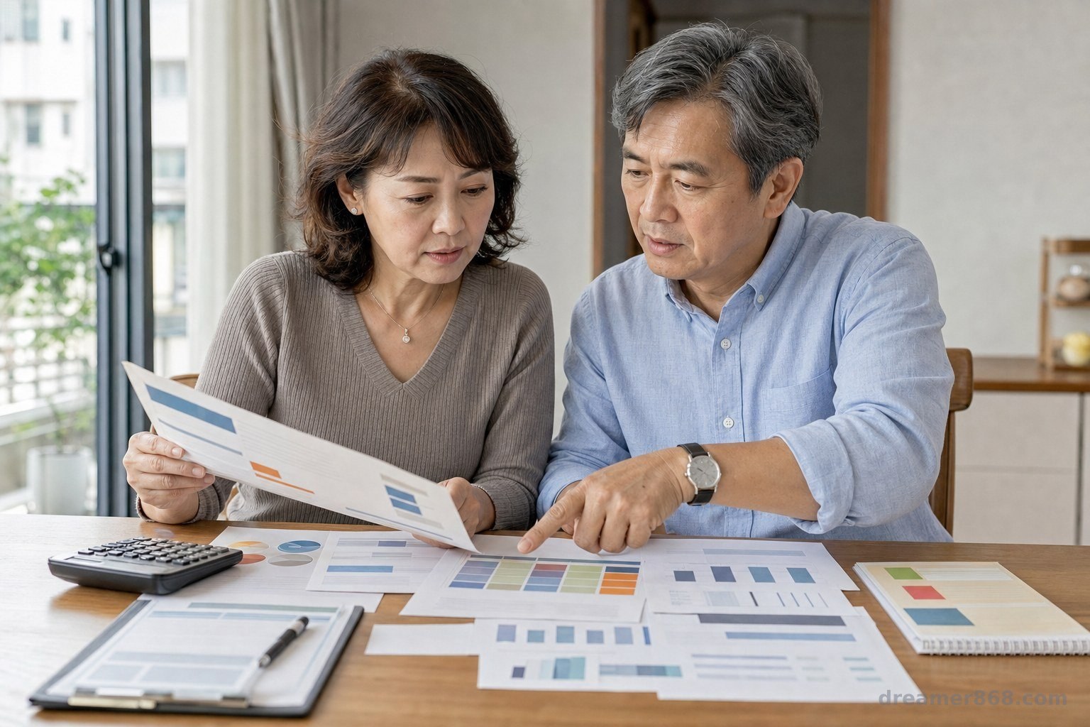 一對準退休夫妻在家中餐桌比較基金、ETF與保單明細，桌上放著重疊持倉資料及家庭現金預備計畫。