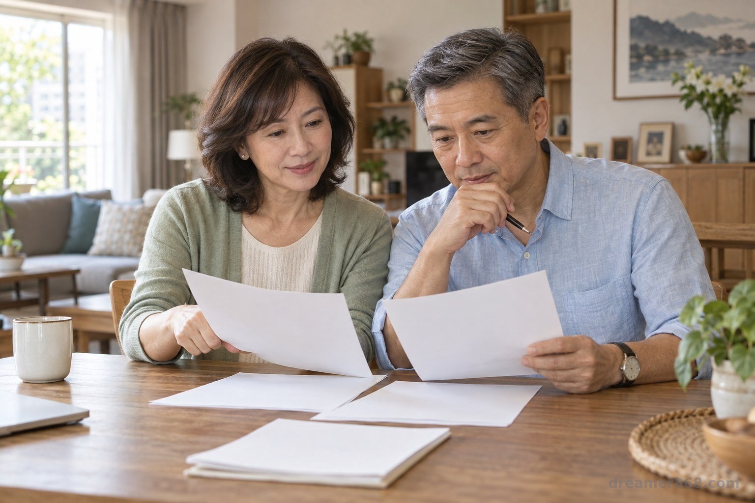 一對退休夫妻在家中餐桌前檢視債券、房貸與家庭收支資料
