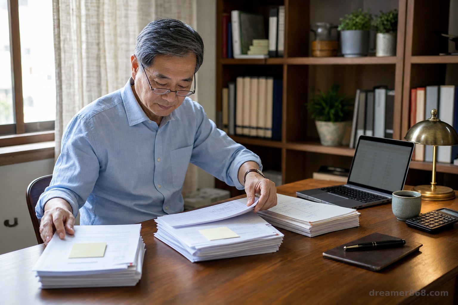 中年企業主在書桌前把各類資產對帳單依幣別分類整理