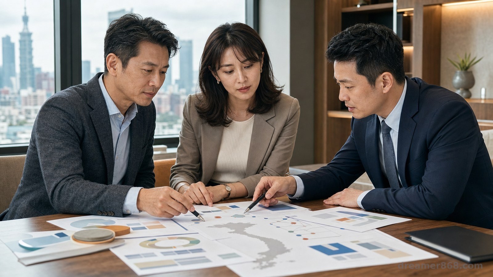 臺灣企業主夫妻與顧問在辦公室桌前檢視越南投資報表、房產文件及企業現金流時程。